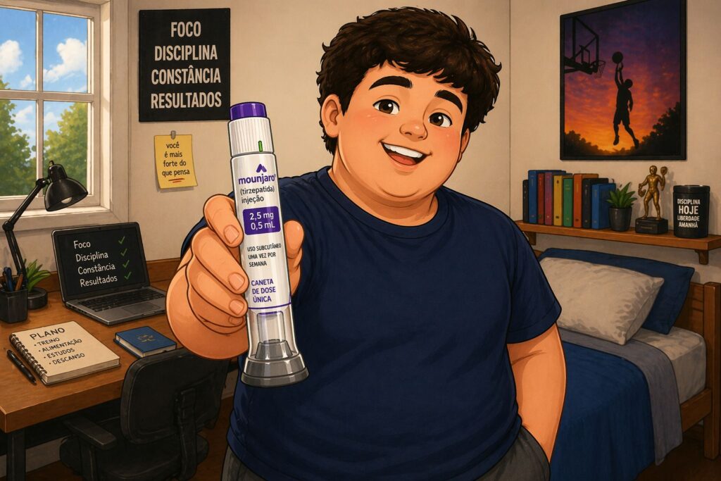 Imagem em formato de desenho de um adolescente segurando um Mounjaro