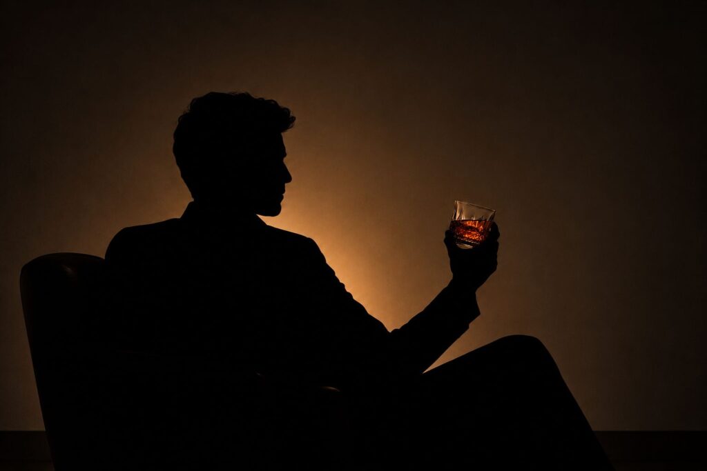 Foto de um homem com um copo de whiskey na mão, representando o alcoolismo