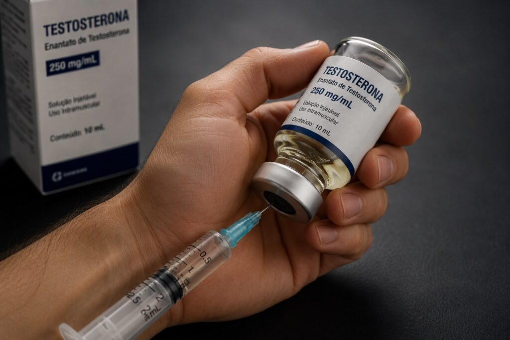 Imagem de uma pessoa colocando testosterona em uma seringa.
