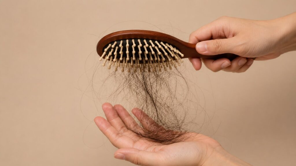 Foto de uma escova de cabelo com cabelo, representando a queda de cabelo