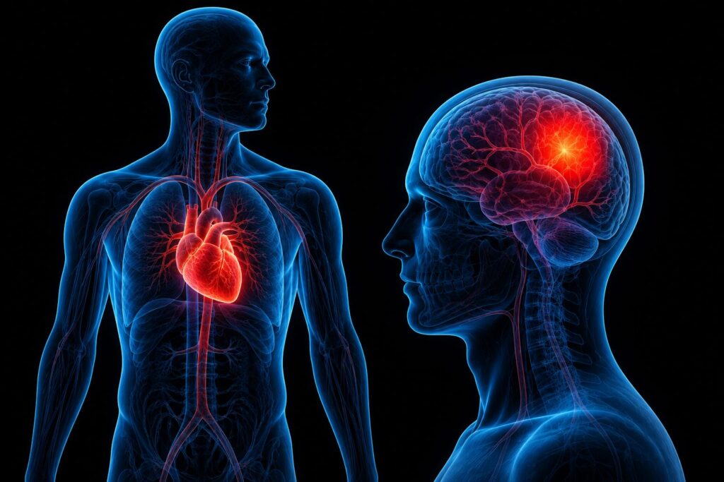 Imagem ilustrativa de um corpo com foco no coração e no cérebro, representando o infarto e o AVC.